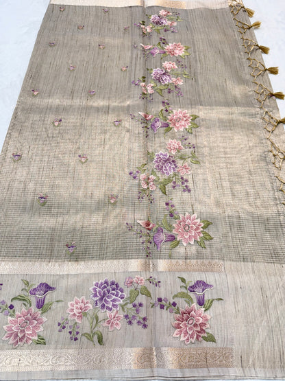 Beige shade tissue linen designer embroidery premium Banarasi saree