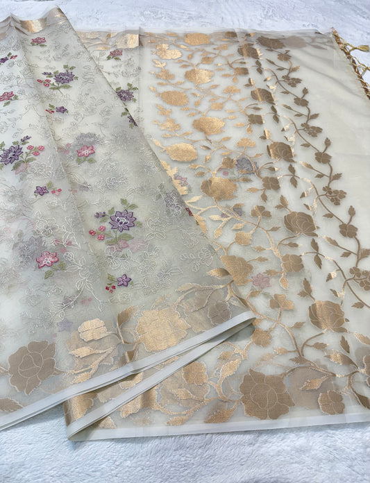 Off white shade organza designer  embroidery premium Banarasi saree