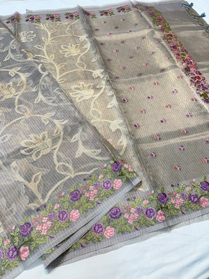 Grey shade tissue kota embroidery primum Banarasi saree