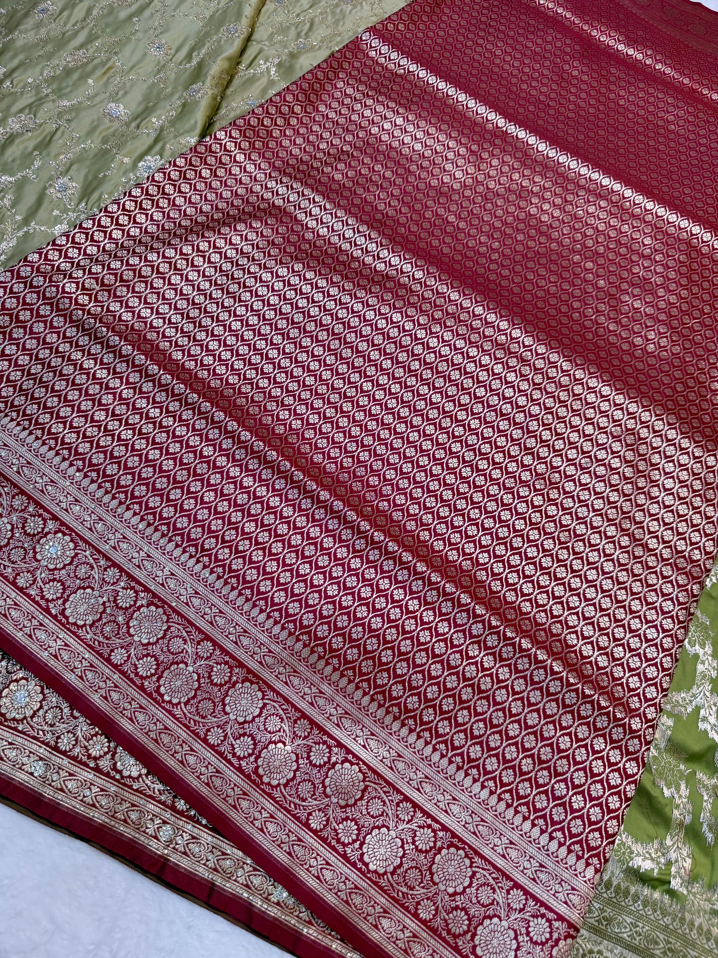 Pista green & maroon shade Bridal Satan katan ari & stone work Banarasi silk Saree