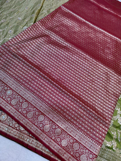 Pista green & maroon shade Bridal Satan katan ari & stone work Banarasi silk Saree