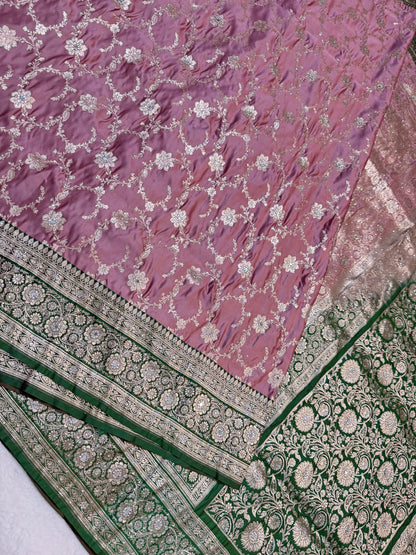 Rose gold shade Bridal Satan katan ari & stone work Banarasi silk Saree