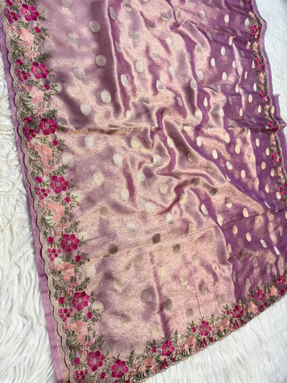 Magenta tissue cutwork embroidery premium designer Banarasi saree