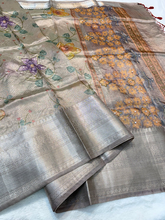 multicolour tissue silk digital print handwork premium Banarasi saree