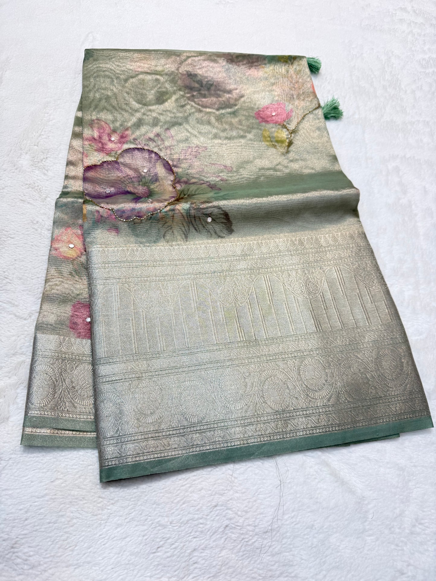 multicolour tissue silk digital print handwork premium Banarasi saree