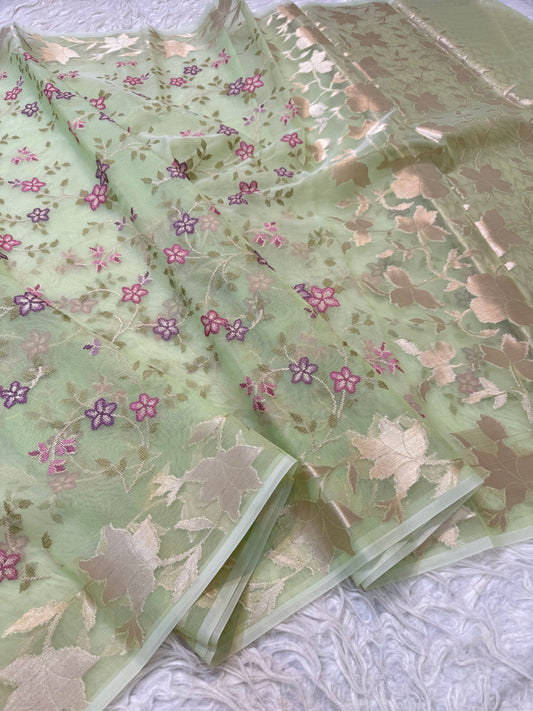 Parrot green shade kora organza embroidery Banarasi saree