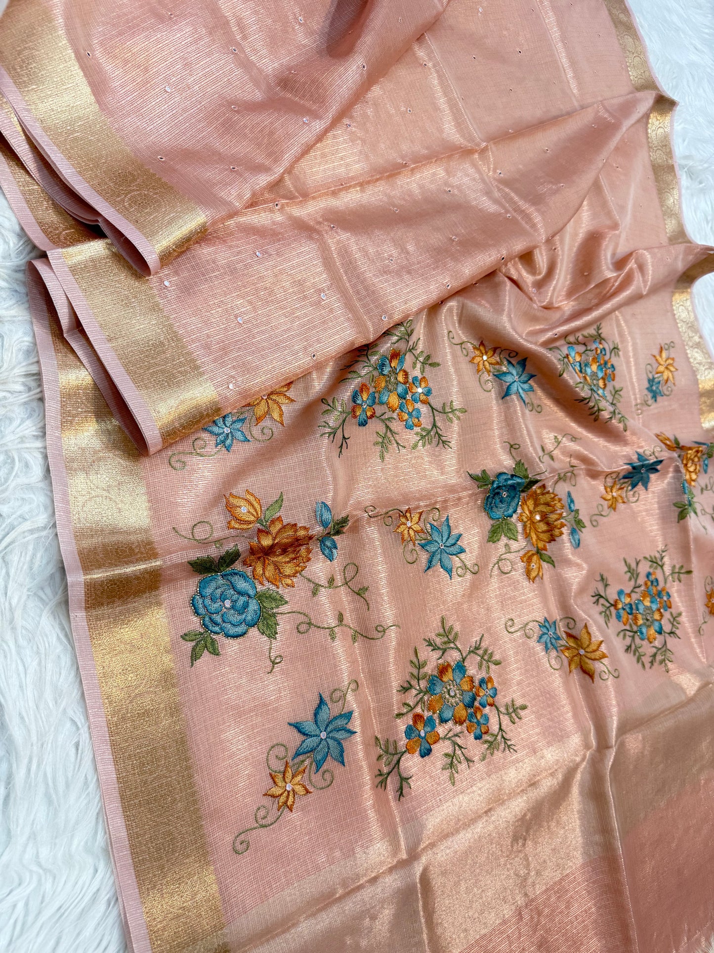 Peach shade tissue kota embroidery mirror work premium Banarasi saree