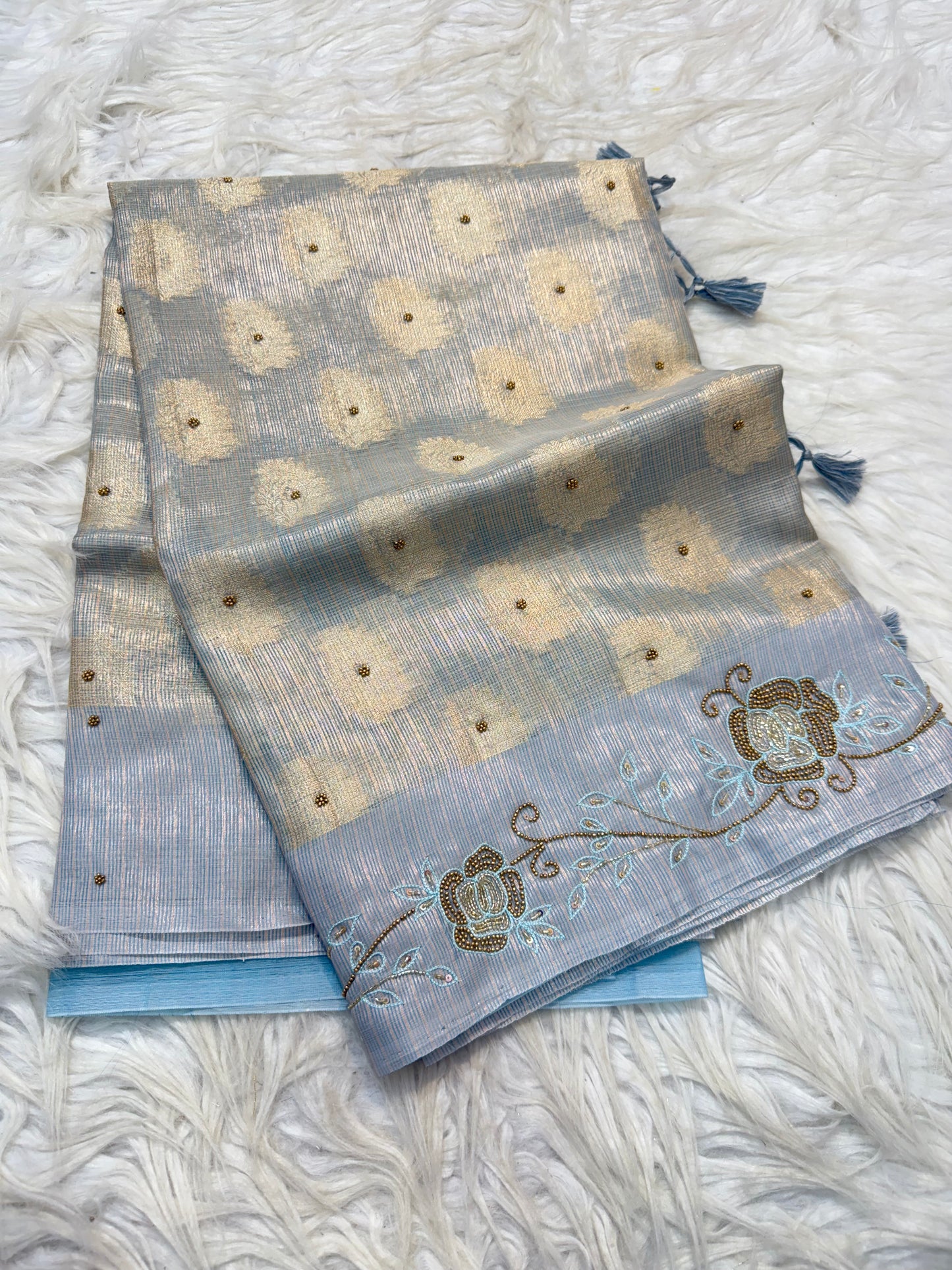 Silver shade tissue kota handwork premium Banarasi saree