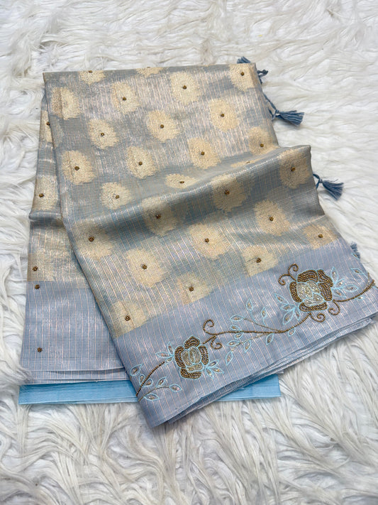 Silver shade tissue kota handwork premium Banarasi saree