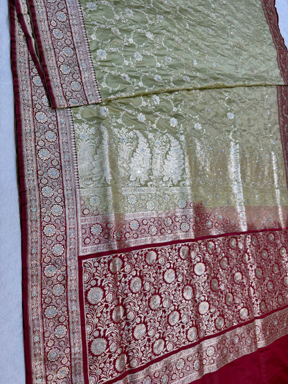 Pista green & maroon shade Bridal Satan katan ari & stone work Banarasi silk Saree