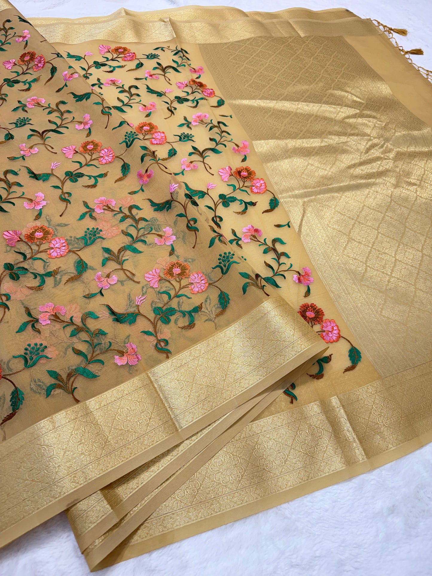 Beige shade organza designer premium embroidery Banarasi saree