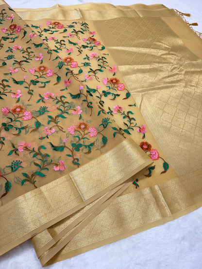 Beige shade organza designer premium embroidery Banarasi saree