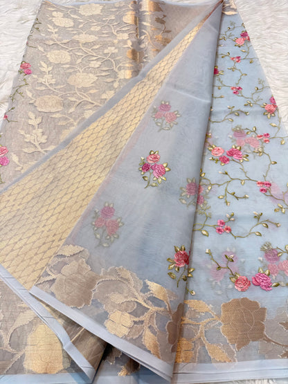 Grey shade kora organza  embroidery Banarasi saree