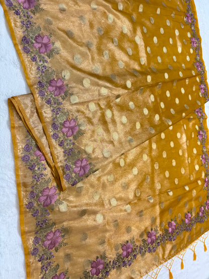 Gold tissue cutwork embroidery premium designer Banarasi saree