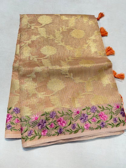 Peach shade tissue kota designer embroidery premium Banarasi saree