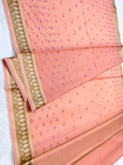 Peach shade kota designer embroidery Banarasi saree