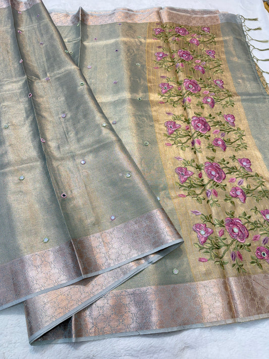 Sea green kota tissue kota designer embroidery handwork premium Banarasi saree