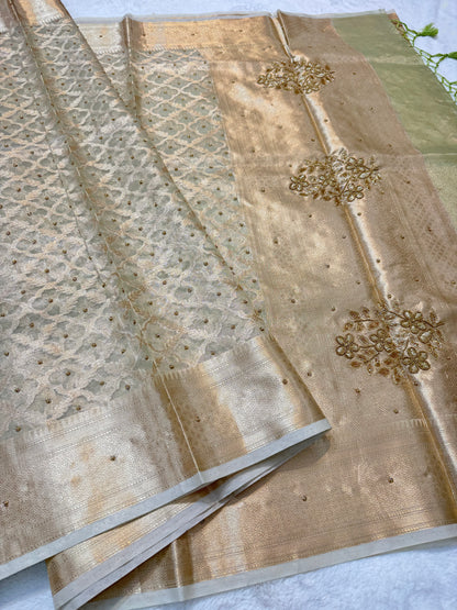Pista green shade tissue kota designer handwork premium Banarasi saree