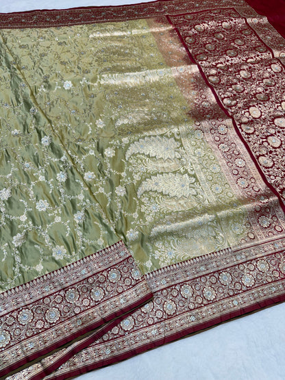 Pista green & maroon shade Bridal Satan katan ari & stone work Banarasi silk Saree