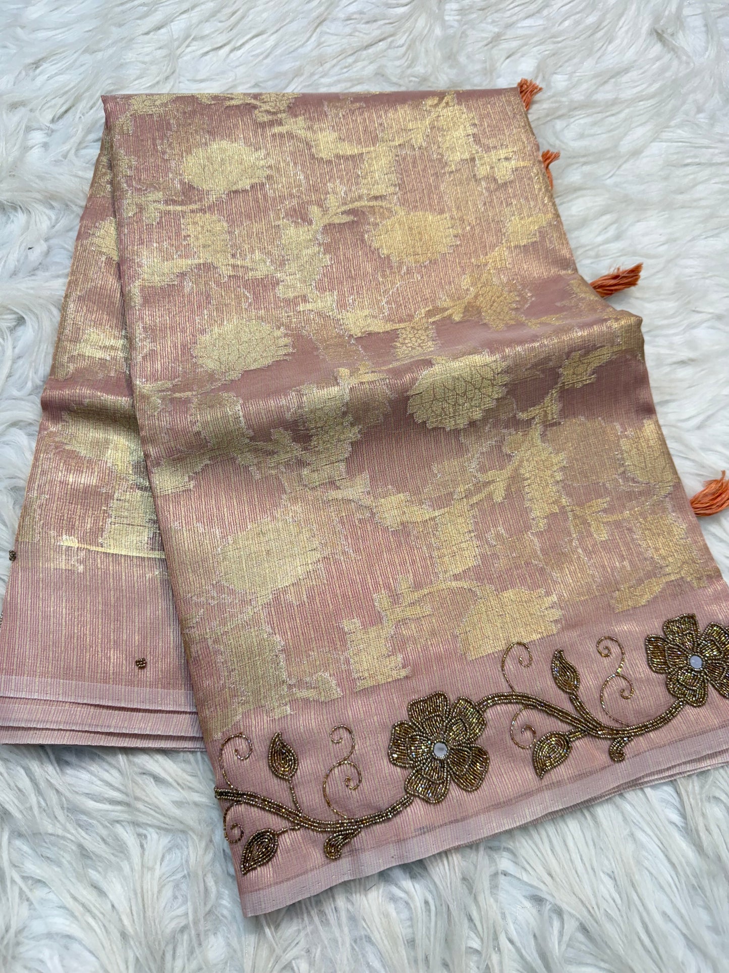 Pink shade tissue kota designer handwork premium Banarasi saree