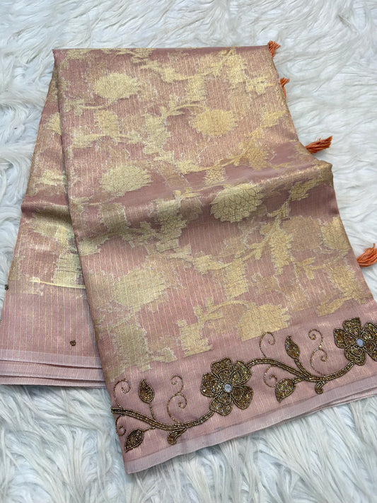 Pink shade tissue kota designer handwork premium Banarasi saree
