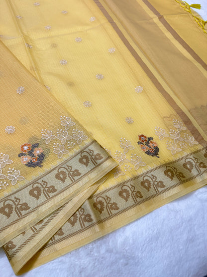 Yellow shade kota designer embroidery Banarasi saree