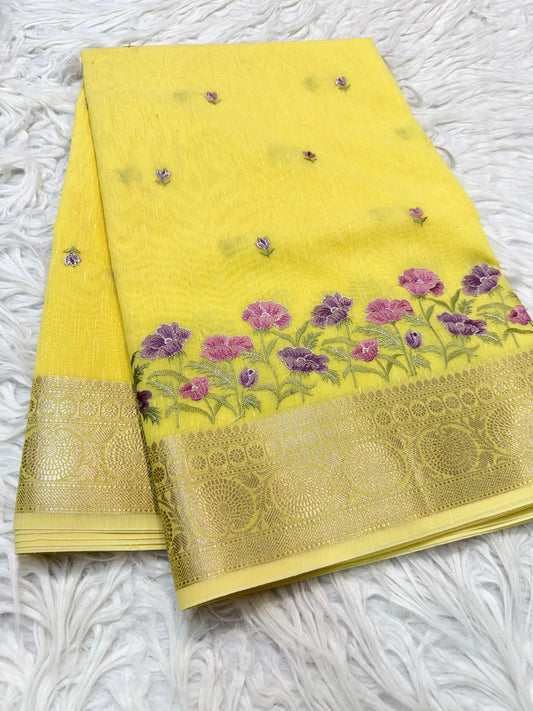 Yellow shade linen embroidery Banarasi saree