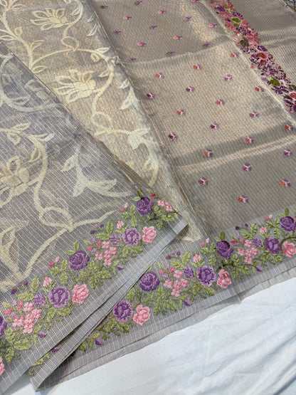 Grey shade tissue kota embroidery primum Banarasi saree
