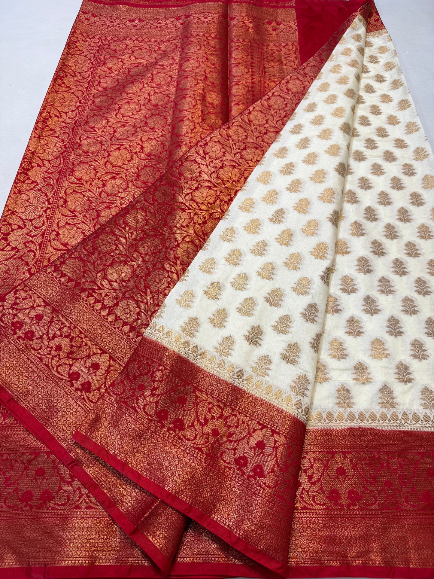 Off white & red shade  Dupion Silk premium Banarasi Saree