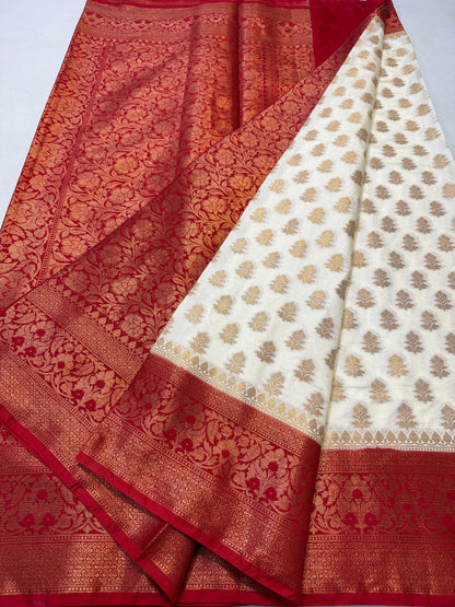 Off white & red shade  Dupion Silk premium Banarasi Saree