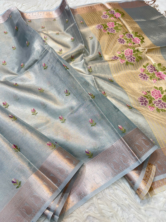 Sea green shade tissue kota embroidery primum Banarasi saree