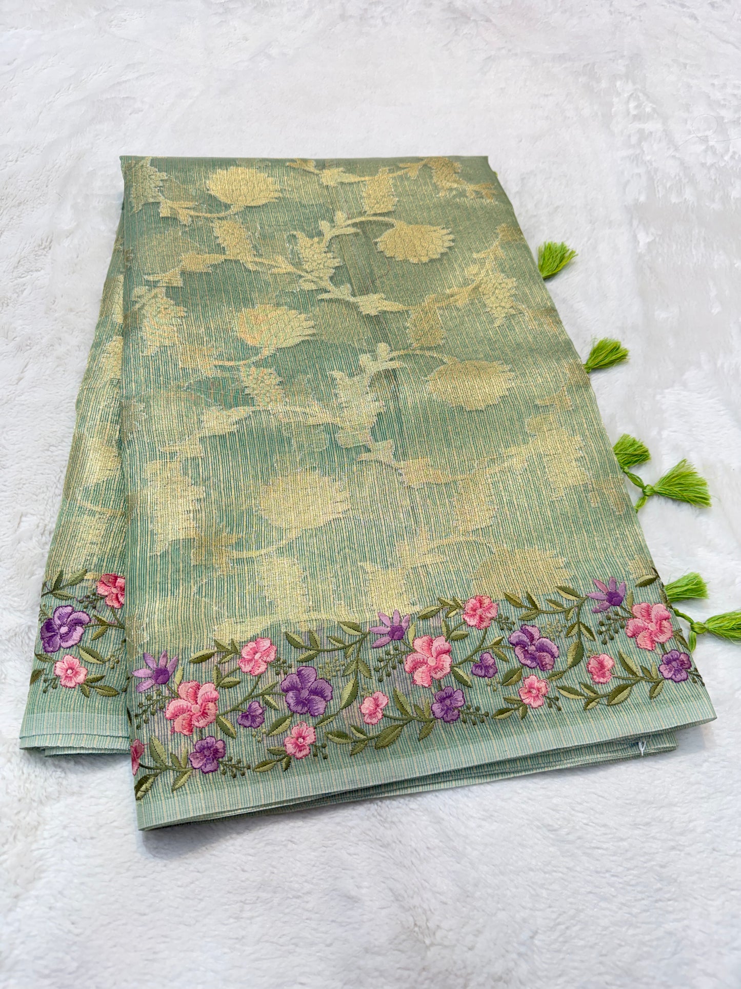 Pista green shade tissue kota designer embroidery premium Banarasi saree