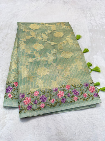 Pista green shade tissue kota designer embroidery premium Banarasi saree