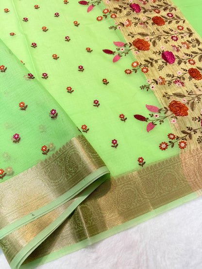 Pista green  shade cotton kota embroidery Banarasi saree