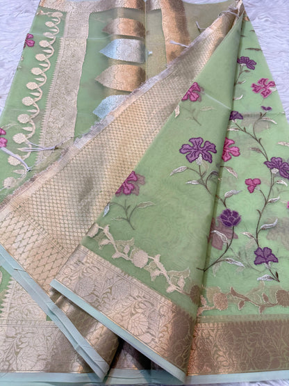 Pista green shade  kora organza  embroidery Banarasi saree