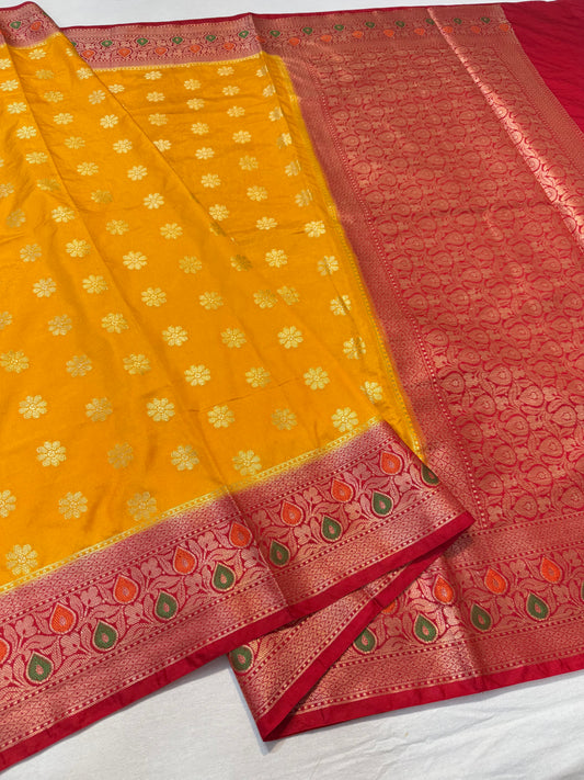 Mango & red shade  Dupion Silk premium Banarasi Saree