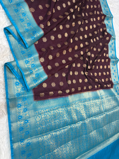 Wine & firozi shade  Dupion Silk premium Banarasi Saree
