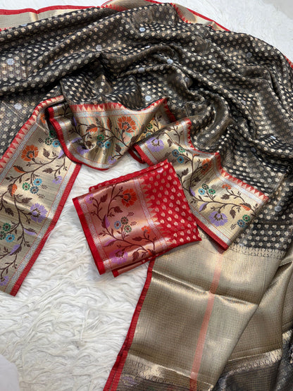 Black & red shade tissue kota premium paithani border banarasi saree