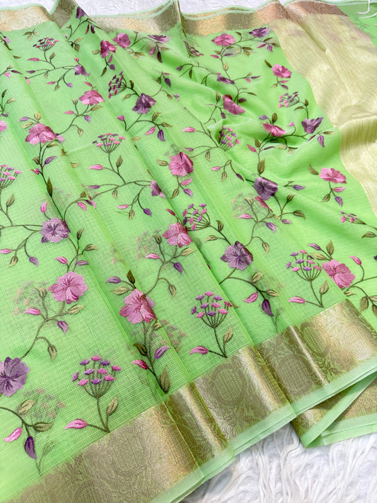 Pista green shade kota  embroidery Banarasi saree