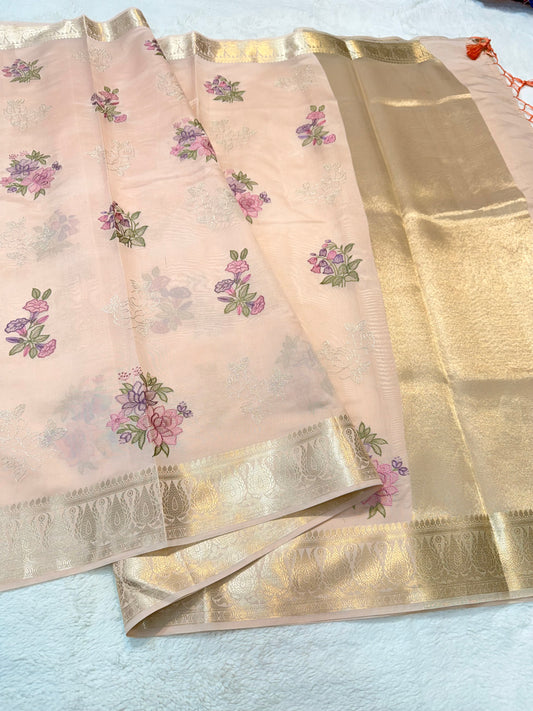 Peach shade soft silk designer  premium embroidery Banarasi saree