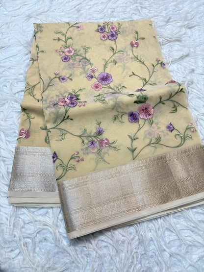 Beige shade organza embroidery Banarasi saree