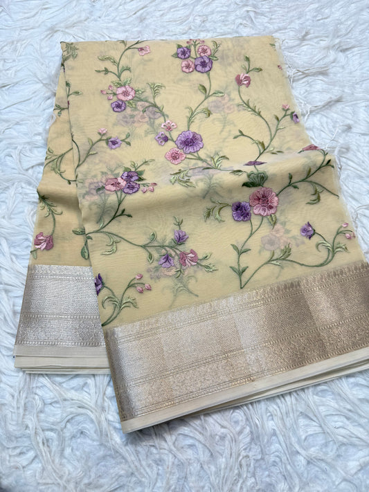 Beige shade organza embroidery Banarasi saree