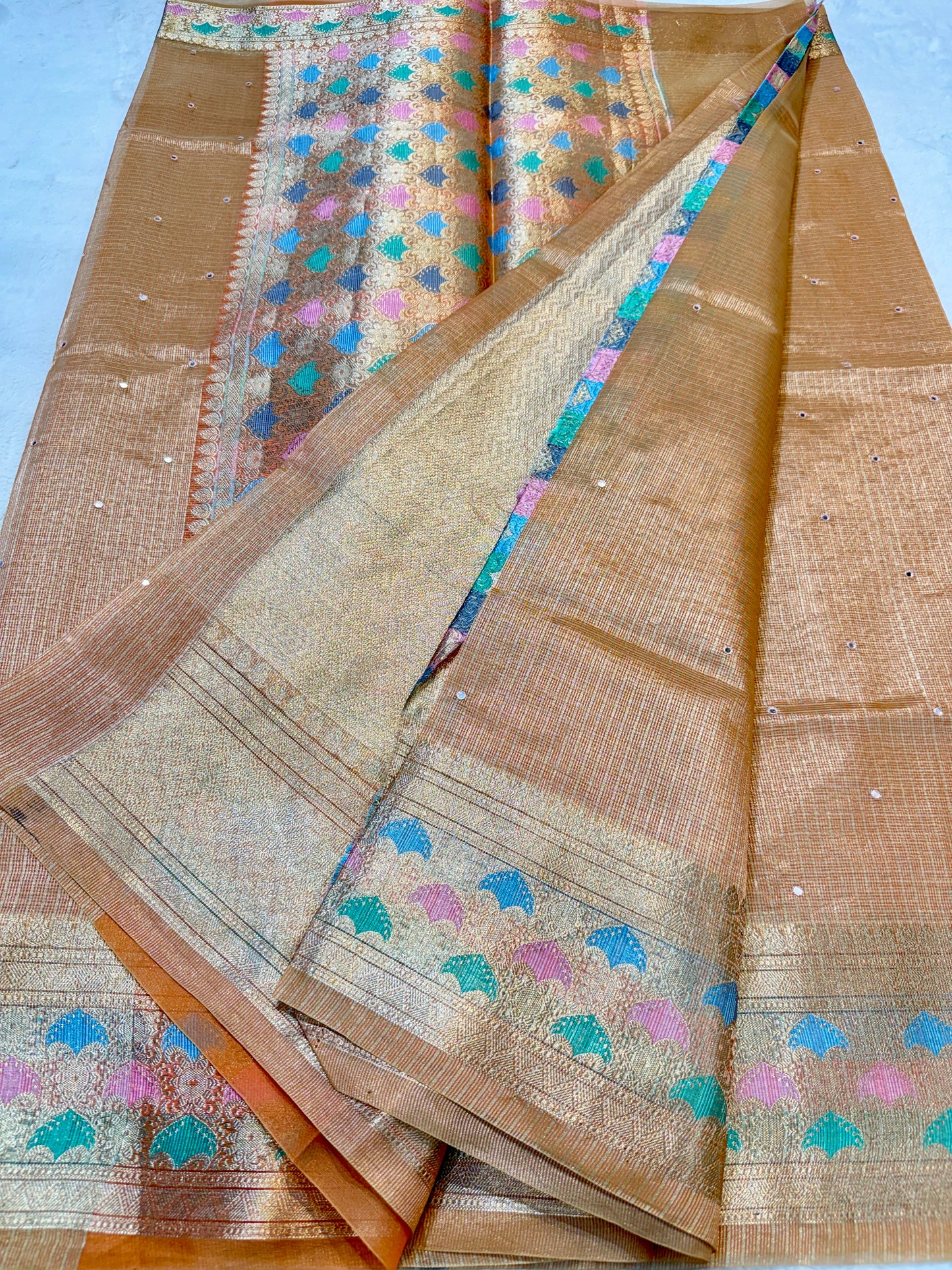 Bronze shade tissue kota mirror work premium Banarasi saree