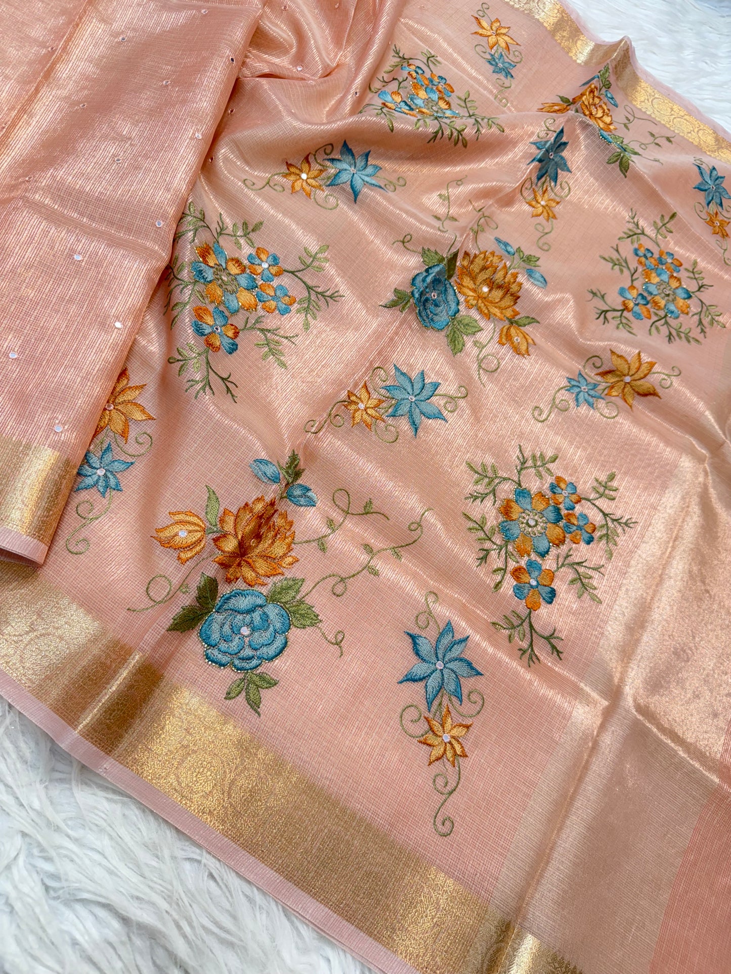 Peach shade tissue kota embroidery mirror work premium Banarasi saree