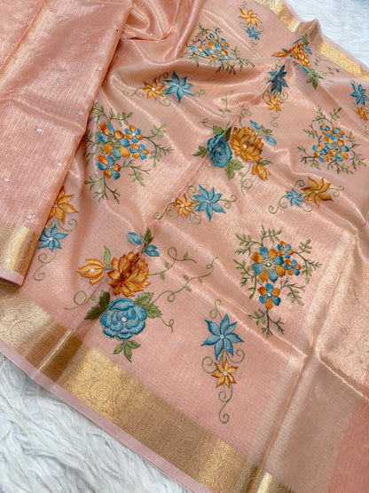 Peach shade tissue kota embroidery mirror work premium Banarasi saree