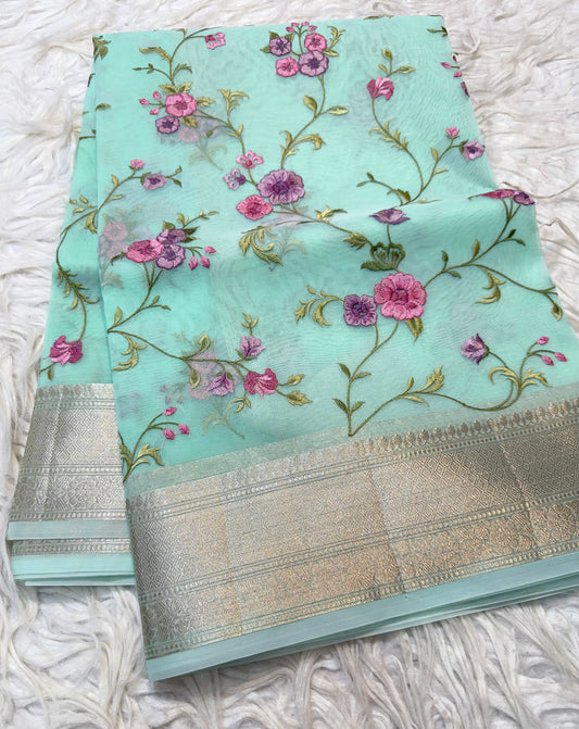 Turquoise shade organza embroidery Banarasi saree