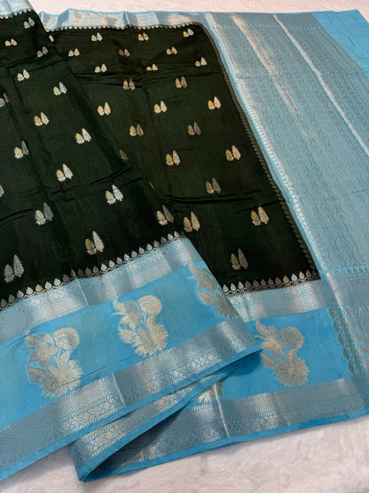 Mehandi & sea green shade raw mango Banarasi premium Banarasi saree