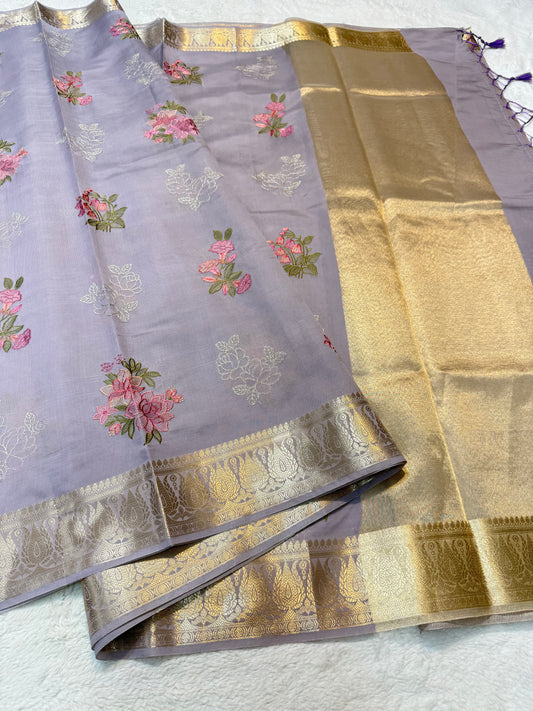 Lavender shade soft silk designer  premium embroidery Banarasi saree