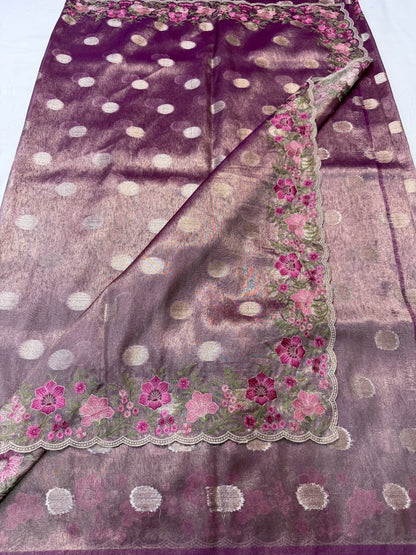 Magenta tissue cutwork embroidery premium designer Banarasi saree