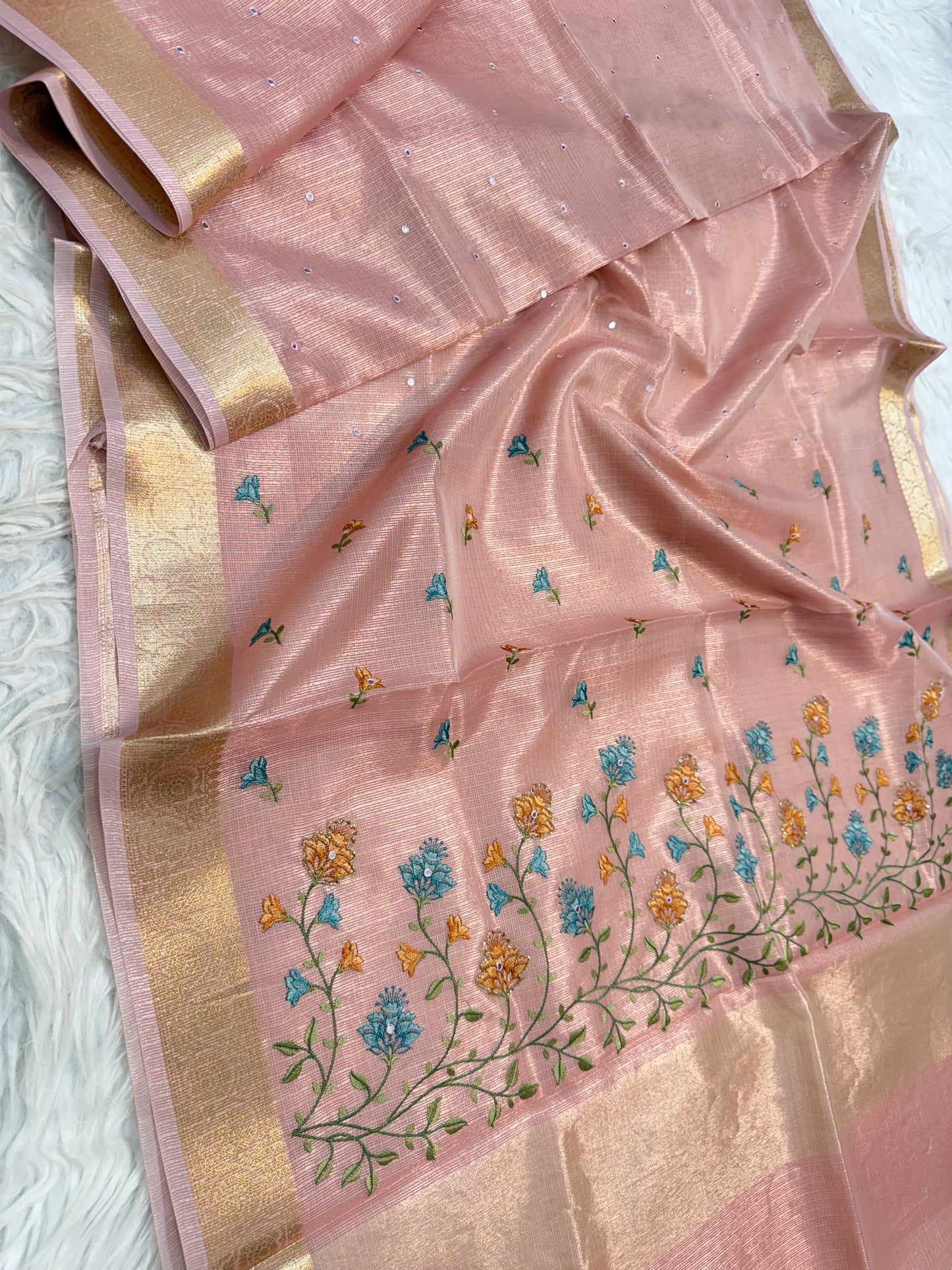 Pink shade tissue kota embroidery mirror work premium Banarasi saree